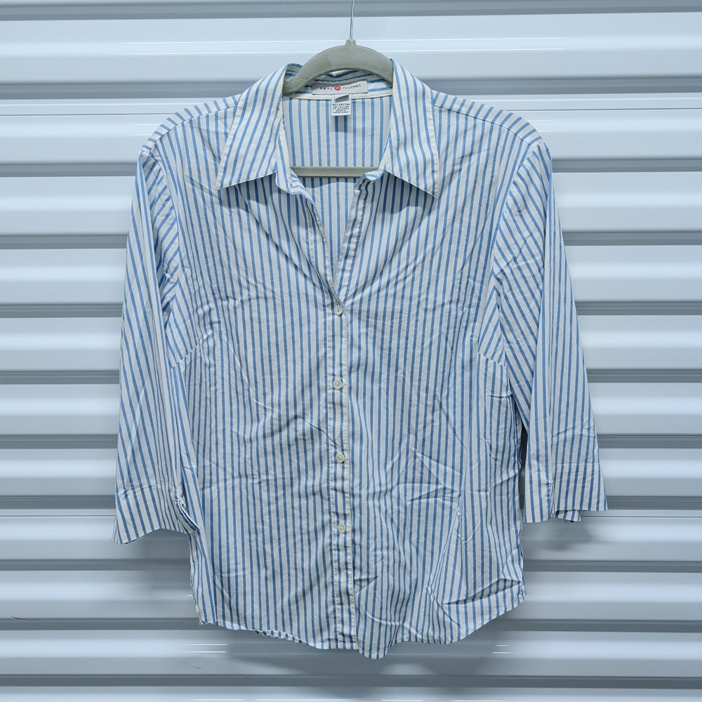 Real Clothes Size 14 Womens Blue White Striped 3/4 Sleeve Button‎ Front Blouse